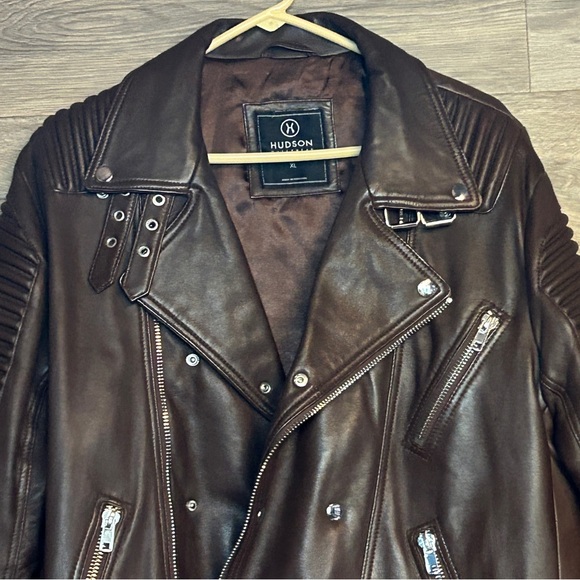 Hudson Outerwear Brown Leather Moto Biker Jacket Mens XL Asymmetrical Zipper - Picture 3 of 7